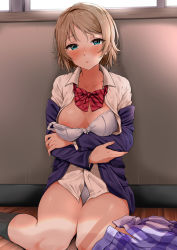 Rule 34 | 1girl, absurdres, against wall, areola slip, black socks, blue eyes, blue jacket, blue skirt, blush, bow, bowtie, bra, bra pull, breasts, brown hair, cleavage, clothes pull, collared shirt, grey shirt, hallway, highres, indoors, jacket, kneehighs, long sleeves, love live!, love live! sunshine!!, medium breasts, on floor, open clothes, open jacket, open shirt, panties, parted lips, plaid, plaid skirt, red bow, red bowtie, shirt, short hair, sitting, skirt, skirt around one leg, socks, solo, striped bow, striped bowtie, striped clothes, striped neckwear, studiozombie, swept bangs, underwear, wariza, watanabe you, white bra, white panties, wooden floor