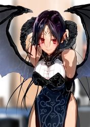 Rule 34 | 1girl, arms behind back, bare shoulders, black hair, black wings, blurry, blurry background, blush, bob (biyonbiyon), breasts, cleavage, commentary, demon girl, demon horns, demon tail, demon wings, dress, facial mark, gloves, highres, horns, large breasts, leaning forward, long hair, looking at viewer, original, parted bangs, parted lips, pelvic curtain, red eyes, side slit, sidelocks, sleeveless, sleeveless dress, smile, solo, tail, very long hair, wings