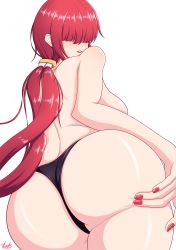 Rule 34 | 1girl, absurdres, ass, ass focus, ass grab, bare shoulders, breasts, come hither, deep skin, from behind, from below, hair over eyes, highres, huge ass, large breasts, long hair, looking at viewer, low twintails, nail polish, naughty face, parted lips, red hair, shermie (kof), shiny clothes, shiny skin, sideboob, smile, solo, the king of fighters, thong, topless, twintails, very long hair, vlack