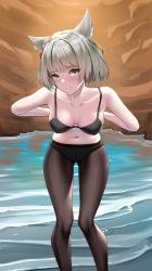 Rule 34 | 1girl, animal ears, arms behind back, black bra, black panties, black pantyhose, blush, bra, breasts, cat ears, collarbone, feet out of frame, grey hair, highres, looking at viewer, matrix16, medium breasts, mio (xenoblade), navel, paid reward available, panties, panties under pantyhose, pantyhose, short hair, solo, stomach, sweat, underwear, undressing, water, xenoblade chronicles (series), xenoblade chronicles 3, yellow eyes