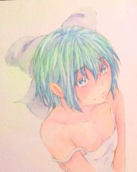 Rule 34 | 1girl, acrylic paint (medium), alternate costume, bare arms, bare shoulders, blue eyes, blue hair, cirno, facing away, graphite (medium), hair ribbon, highres, light frown, looking up, matching hair/eyes, painting (medium), pink background, ribbon, short hair, simple background, smile, solo, strap slip, tank top, touhou, traditional media, upper body, watercolor (medium), yuyu (00365676)