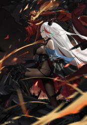 Rule 34 | 1girl, absurdly long hair, absurdres, aegir (azur lane), asymmetrical footwear, azur lane, bare shoulders, black cape, black gloves, bodystocking, boots, breast curtains, breasts, cape, covered erect nipples, covered navel, cross, cross-laced clothes, cross earrings, demon horns, earrings, elbow gloves, from side, gloves, hair between eyes, highres, horns, huge filesize, impossible clothes, iron cross, jewelry, knee boots, large breasts, long hair, mark jin, multicolored hair, non-humanoid robot, red background, red hair, robot dragon, simple background, single knee boot, skin tight, skindentation, solo, streaked hair, two-tone background, underbust, uneven footwear, very long hair, white background, white hair, yellow eyes