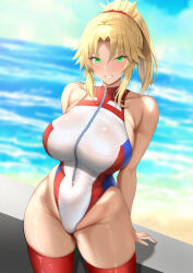 Rule 34 | 1girl, alternate breast size, bare shoulders, blonde hair, blurry, blurry background, blush, breasts, covered navel, fate/apocrypha, fate/grand order, fate (series), front zipper swimsuit, green eyes, hair ornament, hair scrunchie, heattech leotard, highres, huge breasts, leotard, long hair, looking at viewer, meme attire, mordred (fate), mordred (fate/apocrypha), one-piece swimsuit, parted bangs, ponytail, ranhatu, red scrunchie, scrunchie, sidelocks, smile, solo, swimsuit, thick thighs, thighhighs, thighs
