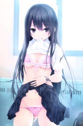 Rule 34 | 1girl, absurdres, black hair, black skirt, bow, bow panties, bra, breasts, closed mouth, clothes lift, coffee-kizoku, day, frilled bra, frilled panties, frills, front-hook bra, groin, highres, indoors, key, legs apart, lifting own clothes, lingerie, long hair, looking at viewer, medium breasts, mouth hold, navel, original, panties, panty pull, pink bra, pink panties, plaid, plaid skirt, pulling own clothes, purple eyes, red bow, ribbon, scan, shiramine rika, shirt, shirt lift, short sleeves, skirt, skirt lift, smile, solo, standing, stomach, underboob, underwear, very long hair, white ribbon, white shirt, window, wristband
