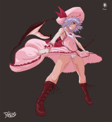 Rule 34 | 1girl, armpits, bat wings, boots, cameltoe, cross-laced footwear, female focus, grin, hat, highres, hokuto no ken, lace-up boots, m.u.g.e.n, muscular, panties, pointy ears, purple hair, red eyes, rekise, remilia scarlet, short hair, signature, smile, solo, souther, touhou, underwear, wings