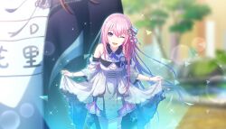Rule 34 | 1girl, bare shoulders, blue nails, dot nose, dress, long hair, megurine luka, official art, one eye closed, open mouth, pink hair, project sekai, purple eyes, smile, solo, standing, straight-on, tagme