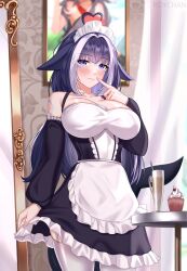 Rule 34 | 1girl, ahoge, alternate costume, bare shoulders, blush, body markings, breasts, cetacean tail, chest tattoo, cleavage, closed mouth, cowboy shot, enmaided, facial tattoo, fins, fish tail, garter straps, heart, heart ahoge, highres, indie virtual youtuber, indoors, large breasts, large pectorals, looking at viewer, maid, multicolored hair, orca girl, pectorals, pointing, pointing at self, purple eyes, purple hair, roychan art, shylily, skirt hold, smile, solo, streaked hair, table, tail, tattoo, thighhighs, virtual youtuber, whale girl