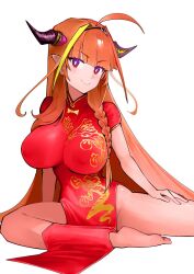 Rule 34 | 1girl, ahoge, barefoot, braid, breasts, bright pupils, china dress, chinese clothes, dismassd, dragon girl, dragon horns, dragon print, dress, highres, hololive, horns, impossible clothes, impossible dress, kiryu coco, large breasts, long hair, looking at viewer, multicolored hair, orange hair, purple eyes, red dress, short sleeves, side braid, simple background, sitting, smile, solo, streaked hair, very long hair, virtual youtuber, white background
