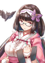 Rule 34 | 1girl, bad id, bad pixiv id, bat (animal), black hair, fate/grand order, fate (series), fingerless gloves, gloves, gohei (aoi yuugure), hairband, highres, long hair, looking at viewer, low twintails, origami, osakabehime (fate), purple eyes, semi-rimless eyewear, sketch, solo, tablet pc, twintails, white background