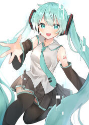 Rule 34 | 1girl, :d, absurdres, aqua eyes, aqua hair, black skirt, black thighhighs, commentary, detached sleeves, hatsune miku, headset, highres, long hair, looking at viewer, nahoshi (sevenstar744), number tattoo, open mouth, pleated skirt, shirt, simple background, skirt, smile, solo, tattoo, thighhighs, twintails, very long hair, vocaloid, white background, white shirt