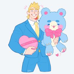 Rule 34 | 1boy, alternate costume, bara, blonde hair, blue jacket, blue pants, blue suit, blush, boku no hero academia, bow, bowtie, candy, carrying over shoulder, chocolate, chocolate heart, cropped legs, feraltintinsimp, food, formal, heart, highres, jacket, looking at viewer, male focus, muscular, muscular male, necktie, pants, shirt, short hair, sideburns, smile, solo, spiked hair, stuffed animal, stuffed toy, suit, teddy bear, togata mirio, white shirt