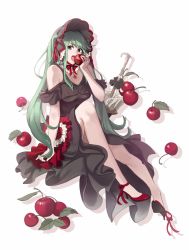 Rule 34 | 1girl, ankle ribbon, apple, bad id, bad pixiv id, black dress, brown eyes, choker, clothing cutout, ddaomphyo, dress, floating hair, food, fruit, full body, green hair, hatsune miku, high heels, highres, holding, holding food, holding fruit, jewelry, leg ribbon, long dress, long hair, looking at viewer, neck ribbon, necklace, open mouth, pumps, red footwear, red ribbon, ribbon, shoulder cutout, simple background, sitting, solo, twintails, very long hair, vocaloid, white background