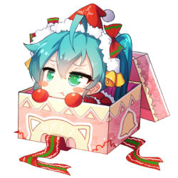Rule 34 | 1girl, :t, ahoge, aqua hair, bell, blush stickers, box, chibi, christmas, gift, green eyes, hat, hatsune miku, in box, in container, long hair, lowres, md5 mismatch, pout, qys3, santa costume, santa hat, simple background, solo, vocaloid, white background