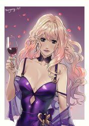 Rule 34 | 1girl, artist name, blush, border, breasts, collarbone, cup, dress, drinking glass, hair intakes, highres, holding, holding cup, long hair, looking at viewer, macross, macross frontier, medium breasts, outside border, parted lips, petals, purple dress, purple eyes, ryu (masu nantoka-san), sheryl nome, smile, solo, upper body, white border, wine glass