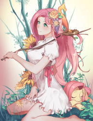 Rule 34 | 1girl, barefoot, blush, closed eyes, curly hair, dress, dual persona, flower, fluttershy, grass, green eyes, hair flower, hair ornament, holding, light smile, long hair, my little pony, my little pony: friendship is magic, nest, personification, pink hair, pink ribbon, plant, pony (animal), ribbon, sitting, sleeping, stick, urlovei, wariza