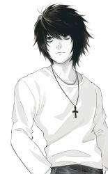 Rule 34 | 1boy, bags under eyes, black eyes, black hair, closed mouth, cross, cross necklace, death note, greyscale, hair between eyes, hand in pocket, highres, jewelry, l (death note), long sleeves, looking to the side, male focus, monochrome, multiple necklaces, necklace, no eyebrows, shirt, short hair, softp3ach, solo, upper body, white background, white shirt
