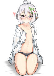 Rule 34 | 1girl, absurdres, antenna hair, bed sheet, black panties, blush, bow, bow panties, collarbone, dress shirt, flower, full body, gluteal fold, hair between eyes, hair flower, hair ornament, heart, heavy breathing, highres, kokkoro (princess connect!), long sleeves, moyoron, navel, no bra, open clothes, open shirt, panties, pointy ears, princess connect!, red eyes, seiza, shirt, silver hair, sitting, sleeves past fingers, sleeves past wrists, solo, sweat, thigh gap, underwear, white background, white flower, white shirt