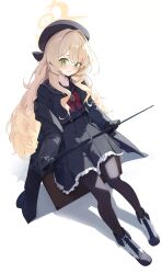 Rule 34 | 1girl, absurdres, beret, black coat, black gloves, black hat, black pantyhose, black sailor collar, black serafuku, black shirt, black skirt, blonde hair, blue archive, bow, bowtie, cane, closed mouth, coat, commentary, enokinoko1010, fluffy hair, frilled skirt, frills, full body, gloves, green eyes, halo, hat, highres, holding, holding cane, long hair, long sleeves, looking at viewer, miniskirt, off shoulder, on suitcase, open clothes, open coat, pantyhose, pleated skirt, professor niyaniya (blue archive), red bow, red bowtie, sailor collar, school uniform, serafuku, shirt, simple background, sitting, skirt, smile, solo, suitcase, white background, yellow halo