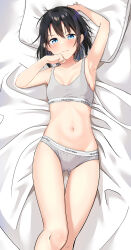 Rule 34 | 1girl, absurdres, arm up, armpits, bare arms, bare shoulders, bed sheet, black hair, blue eyes, bra, breasts, cac itinose, calvin klein, closed mouth, collarbone, feet out of frame, grey bra, grey panties, hair between eyes, hand up, highres, lying, on back, original, panties, pillow, small breasts, solo, tears, underwear, underwear only