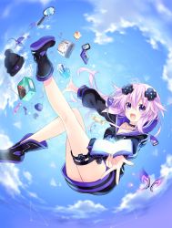 Rule 34 | 1girl, adult neptune, blush, candy, d-pad, day, falling, female focus, hair between eyes, hair ornament, highres, hood, jacket, long hair, looking at viewer, neptune (series), official art, purple eyes, purple hair, shin jigen game neptune vii, sky, smile, solo, track jacket, tsunako, wrapped candy