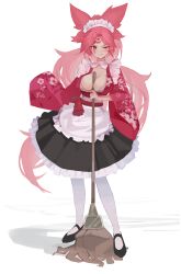 Rule 34 | 1girl, amputee, apron, baiken, between breasts, black footwear, blush, breasts, cleavage, cleavage cutout, clothing cutout, ddul (hauluimubingoj1), dress, facial mark, floral print, frilled apron, frilled dress, frills, full body, guilty gear, highres, holding, holding mop, large breasts, long hair, looking to the side, maid, maid headdress, mop, one-eyed, pink hair, ponytail, red dress, scar, scar across eye, scar on face, simple background, solo, white background, wide sleeves