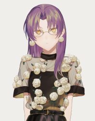 Rule 34 | 1girl, arms behind back, belt, black shirt, blouse, closed mouth, commentary request, flower, glasses, grey background, highres, long hair, looking at viewer, mege (megechan), orange eyes, original, purple hair, see-through, see-through shirt, shirt, short sleeves, simple background, solo, upper body, white flower
