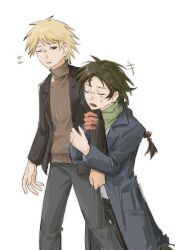 Rule 34 | +++, 2boys, arm hug, atou haruki, black jacket, black pants, blonde hair, braid, brown eyes, brown hair, brown sweater, cha wu, chinese commentary, clinging, closed eyes, coat, commentary request, father and son, flying sweatdrops, green scarf, grey shirt, harada minoru, highres, jacket, long hair, long sleeves, male focus, multiple boys, one eye closed, open clothes, open coat, open jacket, open mouth, pants, saibou shinkyoku, scar, scar on face, scar on forehead, scarf, shirt, short hair, simple background, single braid, sweater, turtleneck, turtleneck sweater, white background
