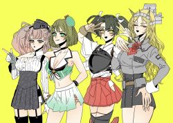 Rule 34 | 4girls, anno88888, atlanta (kancolle), bad id, bad twitter id, blonde hair, breasts, brown hair, cleavage, closed eyes, double bun, garrison cap, garter straps, gloves, green hair, grin, hair bun, hair ribbon, hat, headgear, highres, japanese clothes, kantai collection, large breasts, long hair, maya (kancolle), mini hat, multiple girls, muneate, nelson (kancolle), open mouth, partially fingerless gloves, partly fingerless gloves, ribbon, short hair, side slit, simple background, single glove, skirt, smile, suspender skirt, suspenders, twintails, v, yellow background, yugake, zuikaku (kancolle), zuikaku kai ni (kancolle)