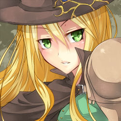 Rule 34 | 1girl, armor, blonde hair, cloak, duel monster, face, female focus, green eyes, hat, long hair, looking at viewer, parted lips, shintani tsushiya, shoulder armor, solo, warrior lady of the wasteland, yu-gi-oh!