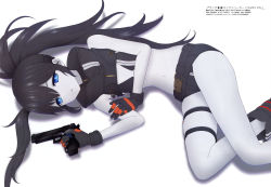 Rule 34 | 1girl, absurdres, artist request, bikini, bikini top only, black hair, black rock shooter, black rock shooter (character), black shorts, blue eyes, colored skin, grey skin, gun, highres, long hair, looking at viewer, lying, megami magazine, midriff, official art, on side, pale skin, short shorts, shorts, simple background, solo, swimsuit, twintails, uneven twintails, weapon, white background