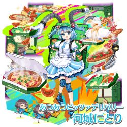 Rule 34 | 6+girls, adapted costume, apron, backpack, bag, blue eyes, blue hair, blue necktie, blue skirt, blunt bangs, blunt ends, blush, box, character name, cheese, collared shirt, cup, drinking straw, elbow pads, food, frilled apron, frilled skirt, frills, green bag, green headwear, holding, holding box, holding tray, inline skates, kawashiro nitori, key, knee pads, looking at viewer, mechanical arms, multiple girls, necktie, official art, open mouth, pepperoni, pizza, pizza box, pizza delivery, pizza slice, plastic bag, pocket, puffy short sleeves, puffy sleeves, roller skates, shirt, short hair, short necktie, short sleeves, skates, skirt, smile, striped clothes, striped skirt, tomato, tomato slice, touhou, touhou lostword, translated, tray, two side up, visor cap, white shirt