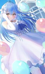 Rule 34 | 1girl, absurdres, ahoge, alternate costume, balloon, bare shoulders, blue hair, breasts, closed mouth, colored tips, commentary request, dress, elbow gloves, flower, gloves, hair between eyes, hair flower, hair ornament, heart, heart ahoge, highres, hololive, large breasts, long hair, multicolored hair, onabe no shime, solo, strapless, strapless dress, streaked hair, tiara, virtual youtuber, wedding dress, white dress, white flower, yellow eyes, yukihana lamy