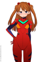 Rule 34 | &gt;:o, 1girl, :o, angry, bad id, bad pixiv id, blue eyes, blush, bodysuit, bracer, breasts, brown hair, cowboy shot, face, gloves, hair ornament, hand on own hip, kari (kakko k), long hair, looking at viewer, neon genesis evangelion, open mouth, pilot suit, plugsuit, shouting, simple background, small breasts, solo, souryuu asuka langley, standing, turtleneck, two side up, v-shaped eyebrows, watermark, web address, white background