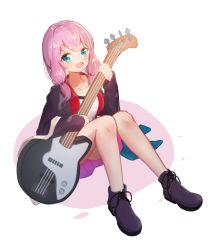 Rule 34 | 1girl, :d, absurdres, bang dream!, black footwear, black jacket, blush, boots, breasts, collarbone, commentary request, full body, green eyes, guitar, highres, holding, holding instrument, instrument, jacket, long hair, long sleeves, looking at viewer, open clothes, open jacket, open mouth, pink background, pink hair, pink skirt, pleated skirt, seero, shirt, sitting, skirt, small breasts, smile, solo, two-tone background, uehara himari, white background, white shirt