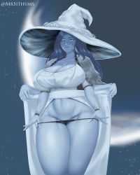 Rule 34 | 1girl, absurdres, black panties, breasts, clothes, clothes grab, colored skin, dress, elden ring, female focus, from software, grabbing, hat, highres, huge breasts, large breasts, long hair, looking at viewer, mrsithums, multiple arms, one eye closed, panties, ranni the witch, robe, solo, underwear, white dress, witch, witch hat