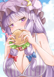 Rule 34 | 1girl, absurdres, bare arms, bikini, blue bow, blunt bangs, blush, bow, braid, breasts, burger, cleavage, cloud, cloudy sky, commentary, commission, day, eating, eyelashes, food, hair bow, hands up, hat, highres, large breasts, long hair, looking at viewer, mahoro (minase mahoro), mob cap, nail polish, outdoors, patchouli knowledge, purple bikini, purple eyes, purple hair, purple hat, purple nails, red bow, sidelocks, skeb commission, sky, solo, striped bikini, striped clothes, sweat, swimsuit, touhou, tsurime, twin braids, upper body, vertical-striped bikini, vertical-striped clothes