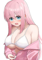 Rule 34 | 1girl, absurdres, aqua eyes, armpit crease, art rat, bare shoulders, bikini, blush, bocchi the rock!, breasts, cleavage, collarbone, fingernails, gotoh hitori, hair between eyes, highres, jacket, large breasts, long bangs, long hair, long sleeves, looking at viewer, off shoulder, open clothes, open jacket, open mouth, partially unzipped, pink hair, pink jacket, simple background, sleeves past wrists, solo, sweatdrop, swimsuit, track jacket, underboob, unzipping, white background, white bikini, zipper pull tab