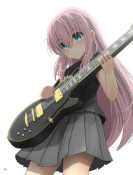 Rule 34 | 1girl, absurdres, aqua eyes, black shirt, blush, bocchi the rock!, closed mouth, commentary request, cowboy shot, electric guitar, gotoh hitori, grey skirt, guitar, hair between eyes, highres, holding, holding instrument, instrument, long hair, looking down, music, nao suke, pink hair, playing instrument, pleated skirt, shirt, short sleeves, simple background, skirt, solo, standing, sweat, very long hair, white background
