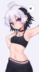Rule 34 | 1girl, alternate costume, antenna hair, armpits, bare shoulders, black choker, black hair, black nails, black pants, black sports bra, breasts, choker, closed mouth, commentary, cowboy shot, cross, cross necklace, fishnets, flower (vocaloid), flower (vocaloid4), heart, highres, jewelry, looking at viewer, multicolored hair, nail polish, navel, necklace, nyaivie, outstretched arm, pants, purple eyes, short hair, simple background, small breasts, spoken heart, sports bra, sweatdrop, tomboy, two-tone hair, vocaloid, white background, white hair