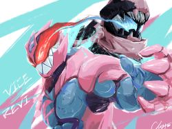 Rule 34 | 2boys, absurdres, armor, artist name, artist request, blue background, character name, helmet, highres, kamen rider, kamen rider revi, kamen rider revice, kamen rider vice, multicolored background, multiple boys, pink background, sharp teeth, teeth, upper body, white background