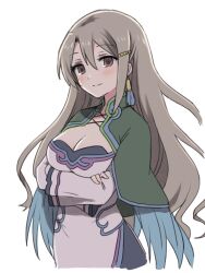 Rule 34 | 1girl, apo 518, breasts, brown eyes, brown pupils, capelet, cleavage, closed mouth, crossed arms, dress, earrings, green capelet, grey hair, hair between eyes, highres, jewelry, ling hua, long hair, long sleeves, medium breasts, multicolored clothes, multicolored dress, rune factory, rune factory 4, simple background, smile, solo, split mouth, tassel, tassel earrings, white background