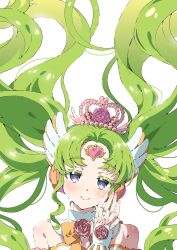Rule 34 | 1girl, bare shoulders, closed mouth, colored eyelashes, commentary request, crown, detached collar, falulu, falulu (awakened), floating hair, flower, forehead jewel, green hair, grey eyes, hands up, headphones, highres, idol clothes, interlocked fingers, long hair, looking at viewer, own hands together, parted bangs, pink flower, pink rose, pretty series, pripara, rose, sidelocks, simple background, smile, solo, tsujii luki, twintails, upper body, very long hair, white background, wing hair ornament