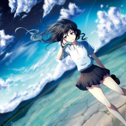 Rule 34 | 1girl, bad id, bad nicoseiga id, black hair, black skirt, blue eyes, cloud, day, dress shirt, dutch angle, hand in own hair, holding, holding shoes, karo karo, long hair, looking to the side, original, outdoors, pleated skirt, shirt, shoes, skirt, sky, smile, solo, water, white shirt, wings