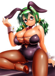 Rule 34 | 1girl, animal ears, blue eyes, breasts, cleavage, fake animal ears, glasses, green hair, huge breasts, long hair, moriichi, original, pantyhose, playboy bunny, plump, rabbit ears, short hair, smile, solo, thick thighs, thighs, twintails