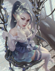 Rule 34 | bare shoulders, blue dress, dress, elbow gloves, gloves, green hair, grey eyes, hair ornament, high heels, indoors, league of legends, lips, looking at viewer, olesyaspitz, plant, pointy ears, ponytail, sitting, swing, thighhighs, vines, white gloves, white thighhighs, window, zyra
