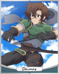 Rule 34 | 1boy, armor, bad id, bad pixiv id, bandages, belt, brown eyes, brown hair, character name, cloud, day, deimne (fire emblem), fire emblem, fire emblem: genealogy of the holy war, gloves, male focus, nintendo, sky, solo, upper body