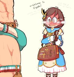 Rule 34 | 1boy, 1girl, @ @, bag, blush, brown hair, bulge, capcom, character request, chichae (monster hunter), child, dress, english text, full-face blush, fupoo, glasses, handbag, heavy breathing, looking at bulge, looking at penis, monster hunter (character), monster hunter (series), monster hunter rise, muscular, muscular male, nervous sweating, penis awe, steaming body, sweat, underwear