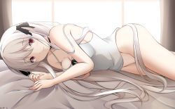 Rule 34 | 1girl, backlighting, bare arms, bare shoulders, bed sheet, black bow, bottomless, bow, breasts, camisole, cleavage, closed mouth, commentary, curtains, fingernails, girls&#039; frontline, grey hair, groin, hair between eyes, hair bow, hair censor, hands up, highres, kar98k (girls&#039; frontline), keenh, large breasts, long hair, lying, on side, red eyes, sidelocks, smile, solo, strap slip, sunlight, very long hair, white camisole, window