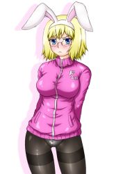 Rule 34 | 1girl, animal ears, black pantyhose, blonde hair, blue eyes, blush, bottomless, breasts, character request, crotch seam, frown, fuyutsuki hide, glasses, highres, jacket, looking at viewer, medium breasts, no pants, panties, panties under pantyhose, pantyhose, rabbit ears, shadow, short hair, simple background, solo, thighband pantyhose, track jacket, underwear
