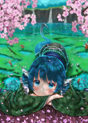 Rule 34 | 1girl, blue eyes, blue hair, blurry, blush, cherry blossoms, commentary request, dappled sunlight, day, depth of field, drill hair, fins, flower, foreshortening, green kimono, head fins, highres, japanese clothes, kimono, looking at viewer, luke (kyeftss), lying, mermaid, monster girl, on side, outdoors, pink flower, pond, short hair, solo, sunlight, touhou, wakasagihime, water